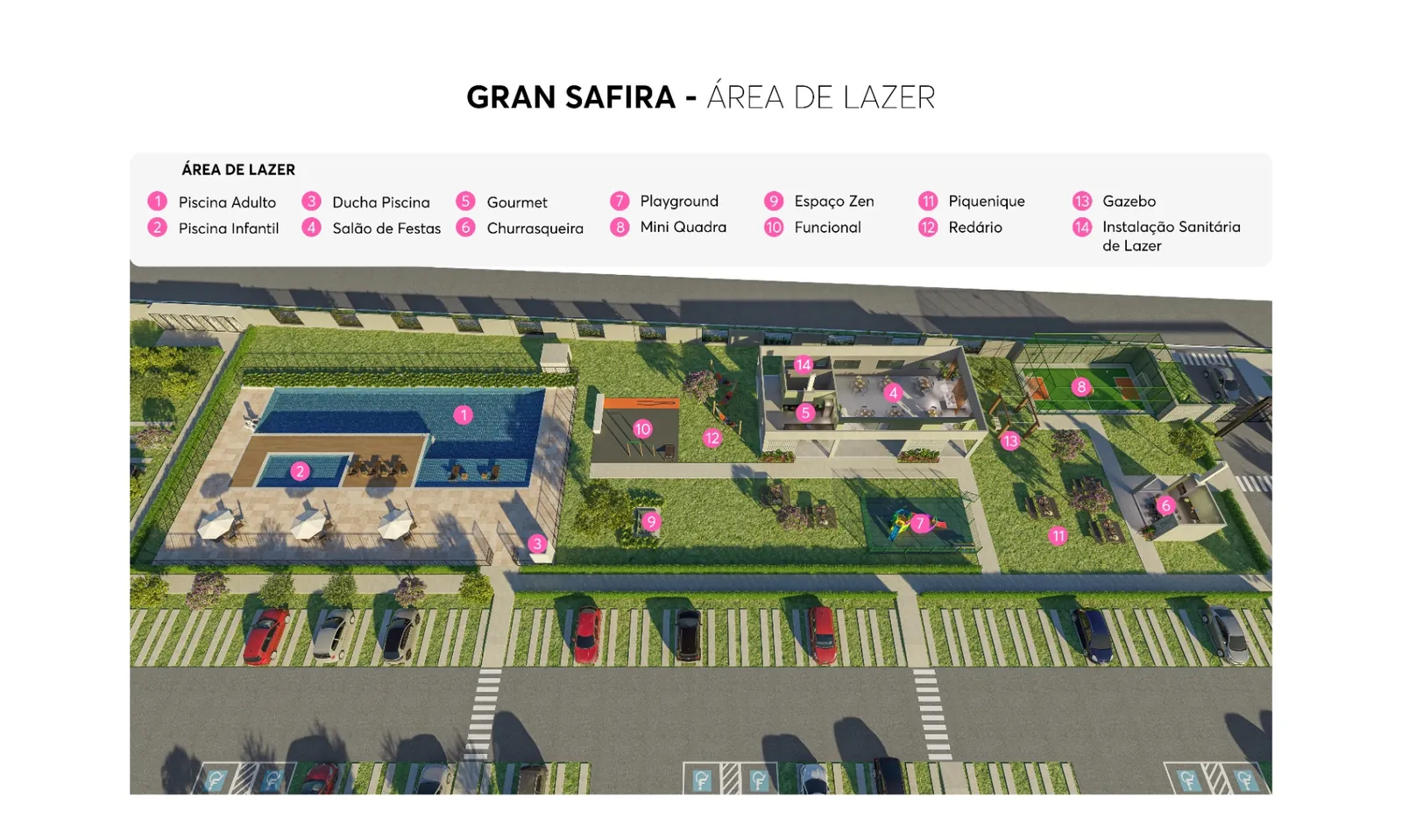 Mapa da área de lazer completa do Gran Terrazo em Goiânia